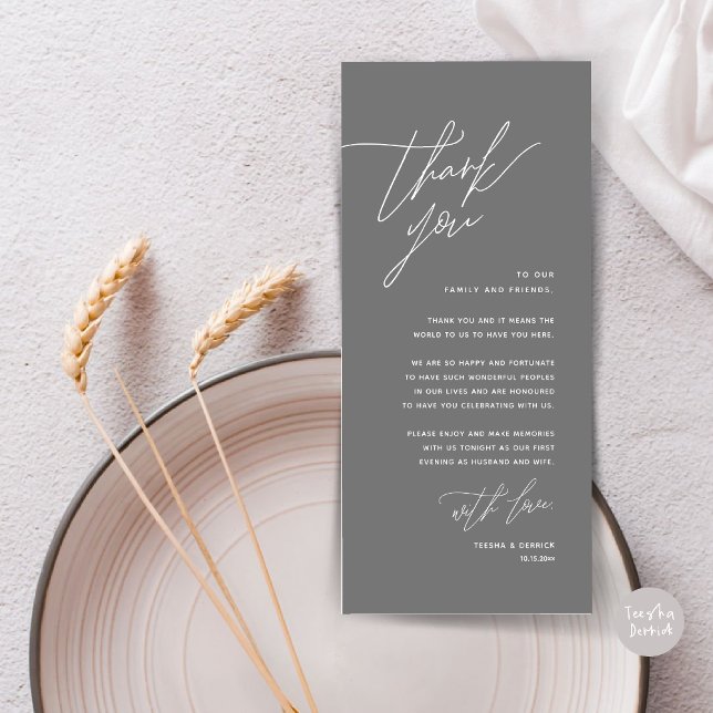Minimalistische Hochzeitsplatteinstellung Dankesch Programm (Romantic Minimalist Wedding Dinner Place Setting Thank You Card, in Summer Dark Grey)