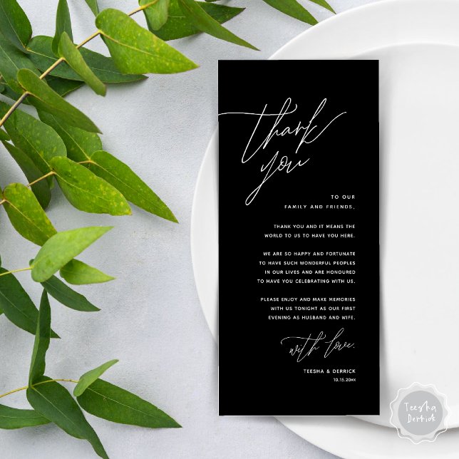 Minimalistische Hochzeitsplatteinstellung Dankesch Programm (Romantic Minimalist Wedding Dinner Place Setting Thank You Card, in Classy Black)