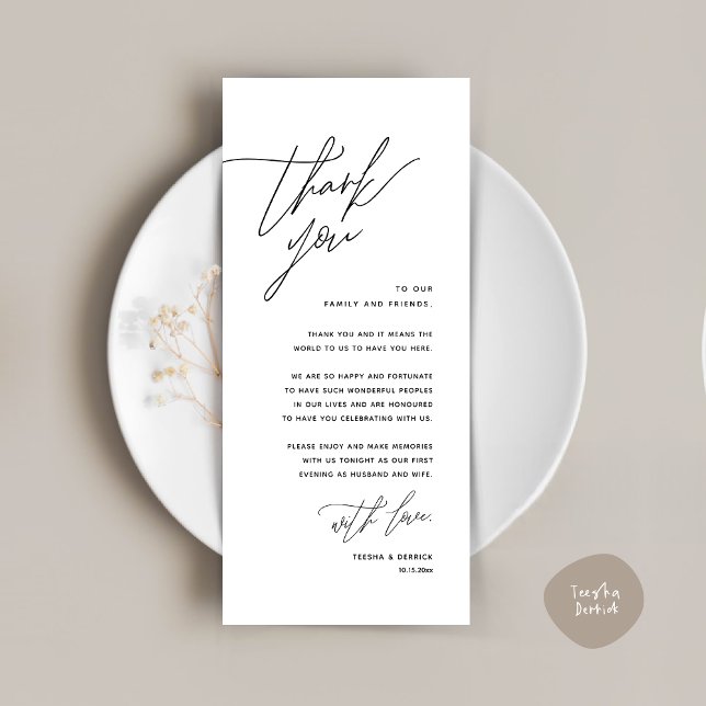 Minimalistische Hochzeitsplatteinstellung Dankesch Programm (Romantic Minimalist Wedding Dinner Place Setting Thank You Card, in White Black)