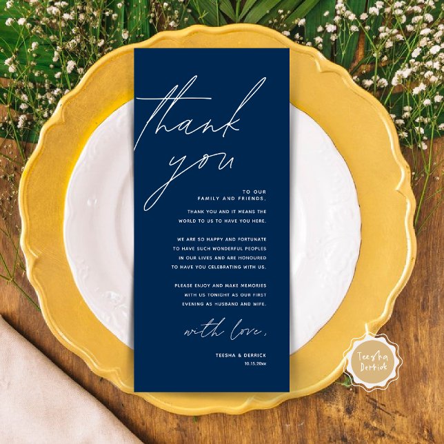 Minimalistische Hochzeitsplatteinstellung Dankesch Programm (Modern Wedding Dinner Place Setting Thank You Card in Classy Navy Blue)