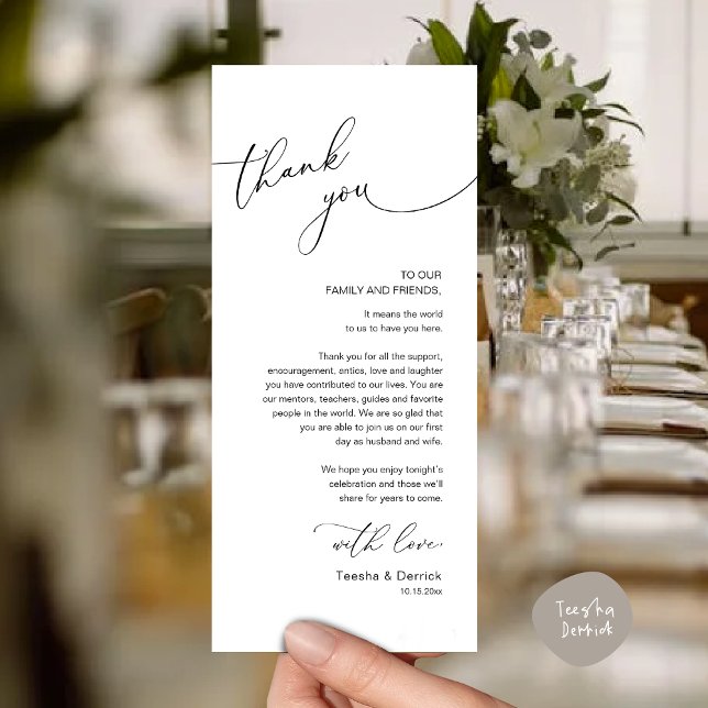 Minimalistische Hochzeitsplatteinstellung Dankesch Programm (Modern Romantic Wedding Place Setting Thank You Card for Dinner Brunch Lunch Party  in White Black)