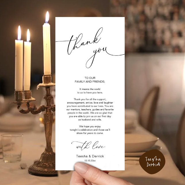 Minimalistische Hochzeitsplatteinstellung Dankesch Programm (Modern Romantic Wedding Place Setting Thank You Card for Dinner Brunch Lunch Party  in White Black)