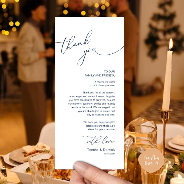 Minimalistische Hochzeitsplatteinstellung Dankesch Programm (Romantic Wedding Dinner Lunch Brunch Party Place Setting Thank You Card in Classy Navy Blue)