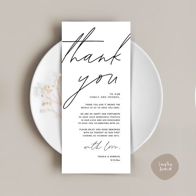Minimalistische Hochzeitsplatteinstellung Dankesch Programm (Wedding Place Setting Thank You Card, Modern Minimalist Clean, White and Black)