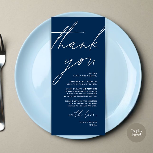 Minimalistische Hochzeitsplatteinstellung Dankesch Programm (Wedding Place Setting Thank You Card, Modern Minimalist Clean, Navy Blue)