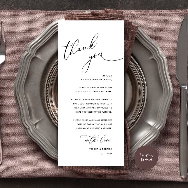 Minimalistische Hochzeitsplatz-Karten Dankeschön-K Programm (Welcome n Thanks Wedding Reception Dinner Brunch Lunch Thank You Card in Black White)