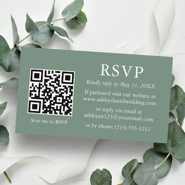 Minimalistische Hochzeitssage Green QR-UAWG Begleitkarte (Customize to change text style, size, background color or add more text or a photo to back of card.)