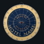 Minimalistische Hotelname Logo Navy Gold Dartscheibe<br><div class="desc">Minimalistisches Hotelname Logo Navy Blue Gold. Einfach mit Ihrem Logo und Ihrem Hotel- oder Firmennamen personalisieren,  indem Sie das Beispielbild durch Ihr eigenes ersetzen und den Text personalisieren. Sie können auch die Stilfarbe,  Schriftart- und Hintergrundfarbe ändern,  wenn Sie möchten,  indem Sie die Option Weitere bearbeiten verwenden.</div>