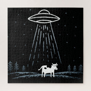 Minimalistische Illustration eines UFOs, das eine Puzzle