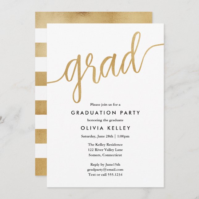 Minimalistische Imitate Gold Foil Script Graduatio Einladung (Vorne/Hinten)