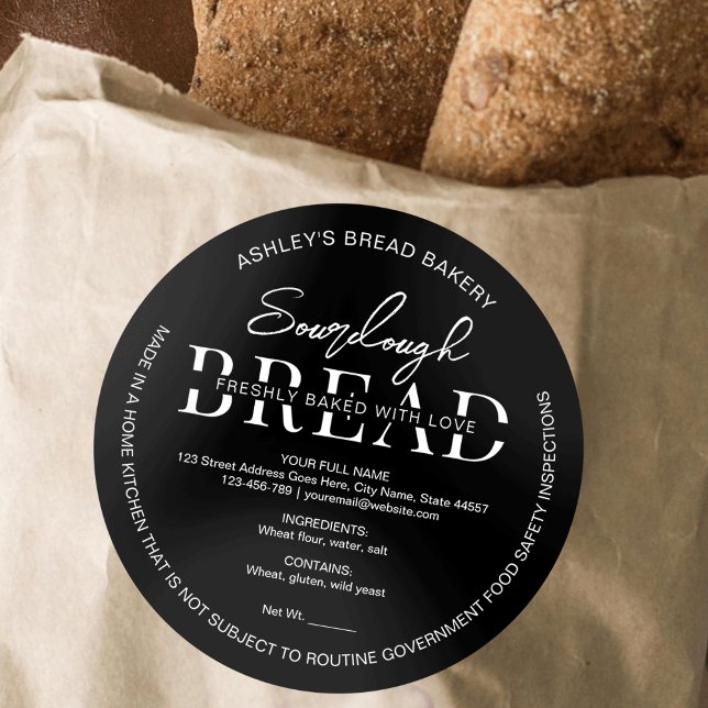 Minimalistische Inhaltsstoffe von Brot Runder Aufkleber (Modern minimalist black sourdough bread bakery cottage law labels with your address & details)