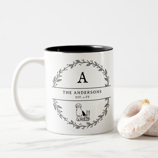 Minimalistische Initialen für ein Geschenkgutschei Zweifarbige Tasse (Mit Donut)