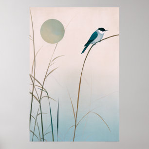 Minimalistische Japandi Bird und Bamboo Artwork Poster