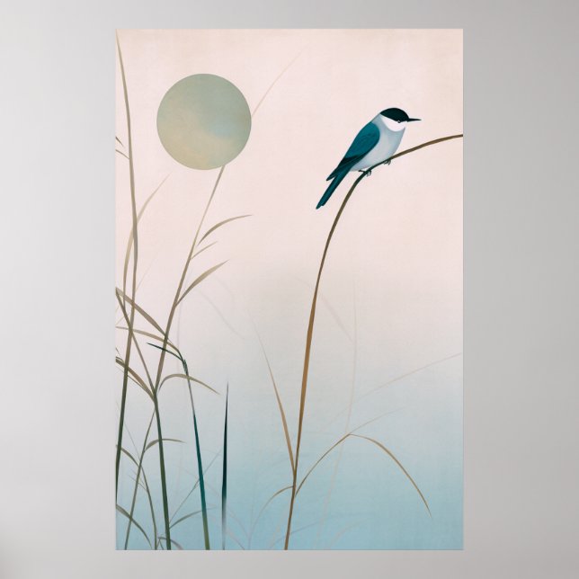 Minimalistische Japandi Bird und Bamboo Artwork Poster (Vorne)