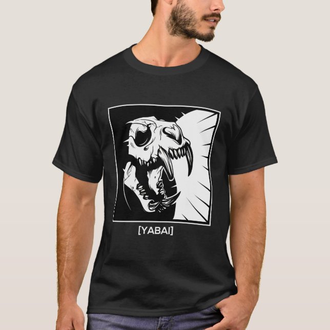 Minimalistische japanische Katze Skull Yabai T-Shirt (Vorderseite)