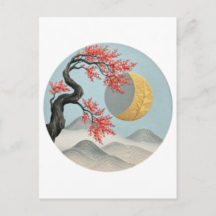 Minimalistische japanische Kirschblüten-Mondlandsc Ankündigungspostkarte