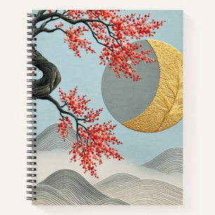 Minimalistische japanische Kirschblüten-Mondlandsc Notizbuch