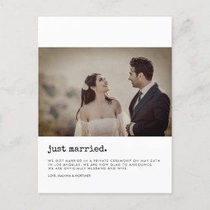 Minimalistische 'Just married'-Schreibmaschinen-Fo Postkarte