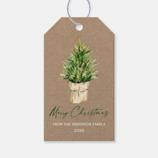 Minimalistische Kalligrafie-AquarellbaumKraft Geschenkanhänger (Vorderseite)