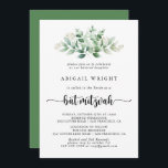 Minimalistische Kalligrafie Eukalyptus Bat Mitzvah Einladung<br><div class="desc">Diese minimalistische Kalligraphie eukalyptus bat mitzvah Einladung ist perfekt für eine rustikale Fledermaus Mitzvah. Das Design ist mit handgemalten Aquarellgrün Eukalyptus,  inspirierend natürliche Schönheit.</div>