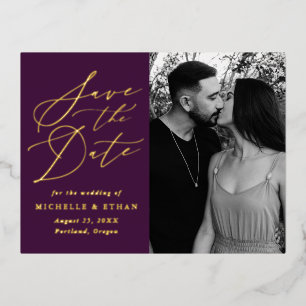 Minimalistische Kalligrafie-Foto-Save-the-Date-Kar Folie Einladungspostkarte