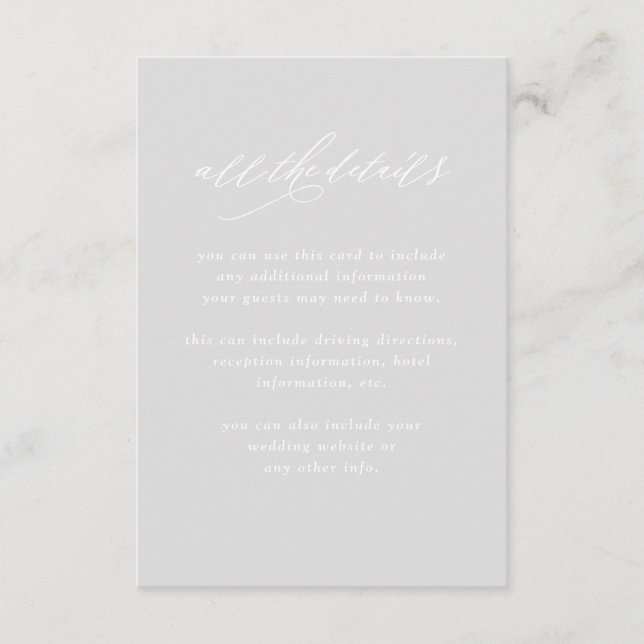 Minimalistische Kalligrafie | Graue Hochzeitdetail Begleitkarte (Vorderseite)