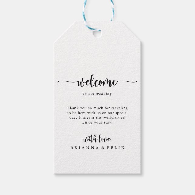 Minimalistische Kalligrafie-Hochzeiten Begrüßungst Geschenkanhänger (Vorderseite)