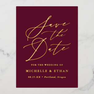 Minimalistische Kalligrafie-Schrift Save-the-Date- Folie Einladungspostkarte