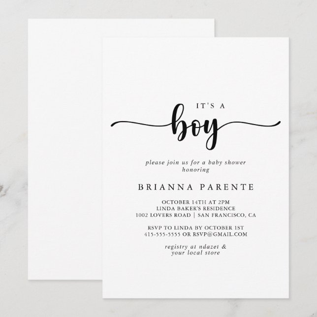 Minimalistische Kalligraphie Es ist eine Kinderdus Einladung (Vorne/Hinten)