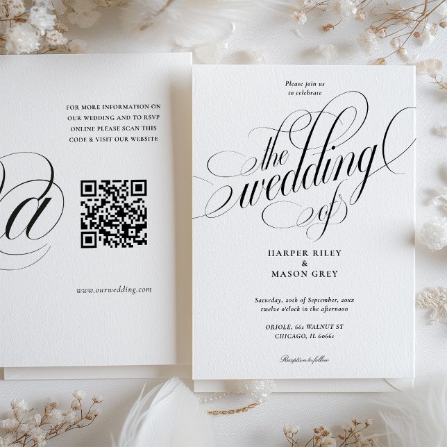 Minimalistische Kalligraphie Hochzeit mit QR-Code- Einladung (Von Creator hochgeladen)