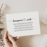 Minimalistische Kalligraphie Honeymoon Wish Begleitkarte<br><div class="desc">Diese minimalistische kalligraphische Wunschzettel ist perfekt für eine einfache Hochzeit. Das Design besticht durch einen wunderschönen schwarzen Schriftart mit Kalligrafie und einem weißen Hintergrund.</div>