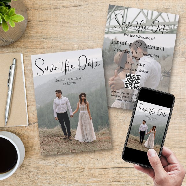 Minimalistische Kalligraphie Paar 2 Fotos qr Code Save The Date (Von Creator hochgeladen)