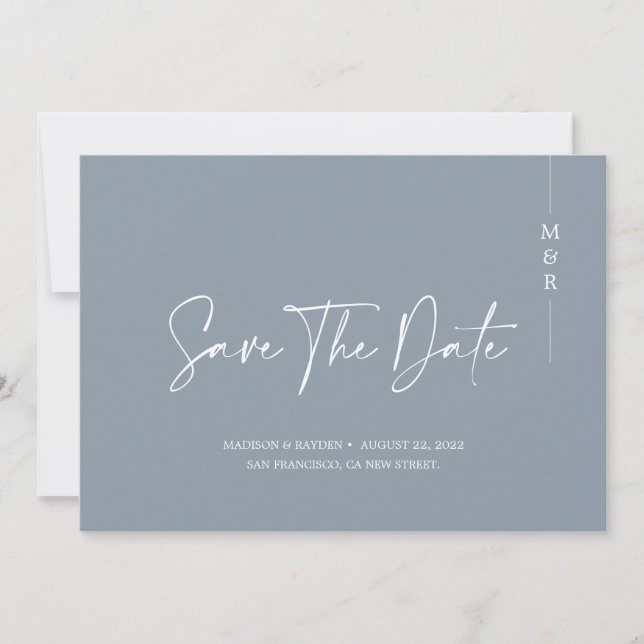 Minimalistische kalligraphische Hochzeit von Dusty Save The Date (Vorderseite)