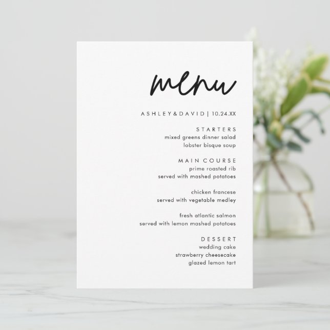 Minimalistische Karten mit Hochzeitmenü | Menü Emp (Stehend Vorderseite)