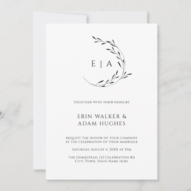 Minimalistische Kleider Monogram Simple Black Wedd Einladung (Vorderseite)