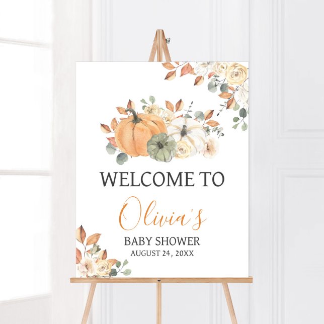 Minimalistische kleine Pumpkin Baby Dusche Empfang Poster (Autumn Pumpkin Baby Shower Welcome Sign)