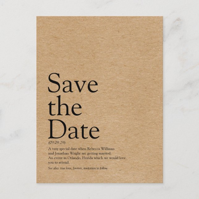 Minimalistische Kraft Save the Date Definition Ankündigungspostkarte (Vorderseite)