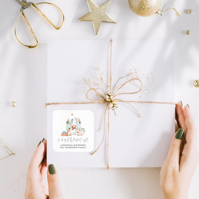 Minimalistische Krippe Drei Könige Rechtsinhaber Quadratischer Aufkleber (Mary Joseph Baby Jesus and 3 Kings Nativity Set of Gift Stickers )