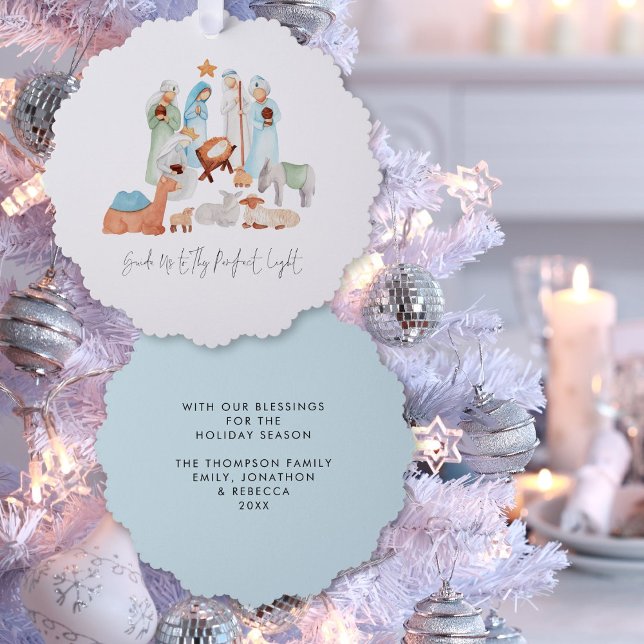 Minimalistische Krippe Scene Carol Texte Weihnacht Ornament Karte (Frotn and back view)