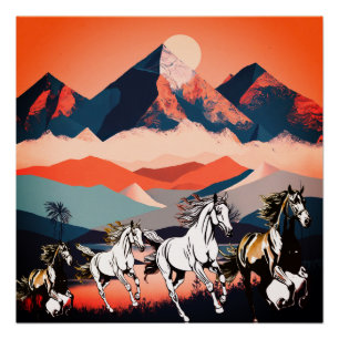 Minimalistische Landschaftsberge und Running Horse Poster