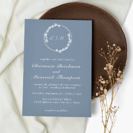 Minimalistische Leaf Dusty Blue Monogram Wedding Einladung