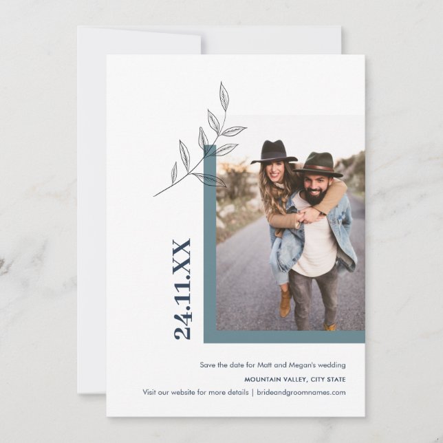 Minimalistische Leaf Natur Outdoor Foto Grün Save The Date (Vorderseite)