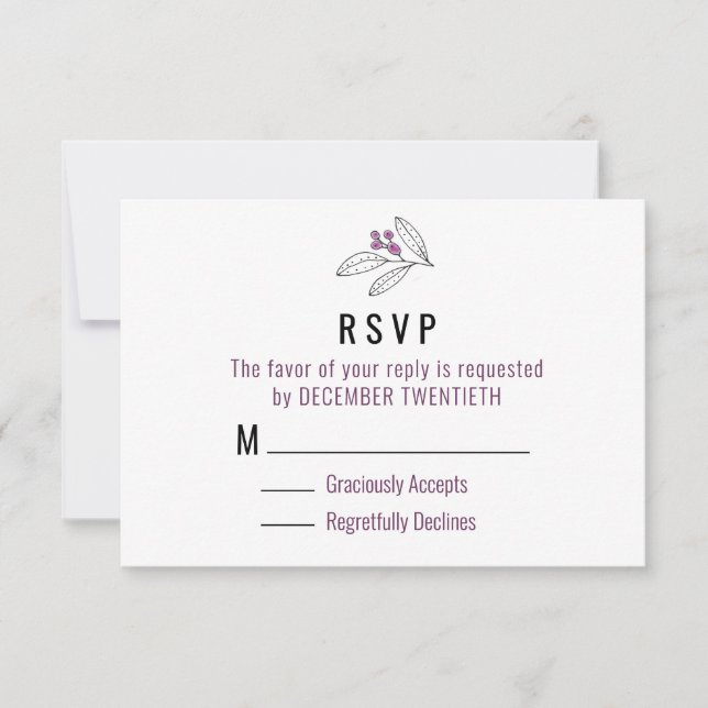 Minimalistische Lila Berries Blätter Hochzeitsszen RSVP Karte (Vorderseite)