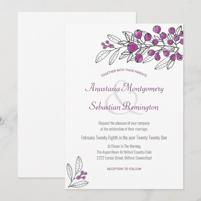 Minimalistische Lila Berry Leaf Einladung zur Hoch (Vorne/Hinten)