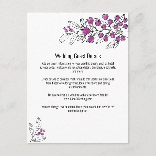 Minimalistische Lila Berry Leaf Wedding Guest Deta Begleitkarte (Vorderseite)
