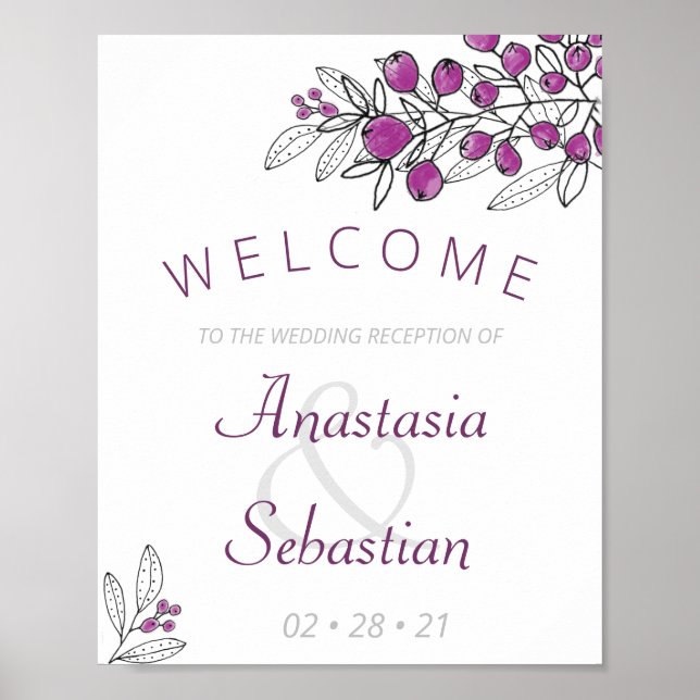 Minimalistische Lila Berry Wedding Empfang Poster (Vorne)