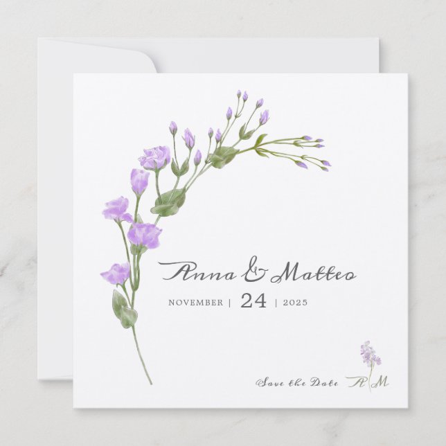 Minimalistische lila florale Wohnung Save the Date (Vorderseite)