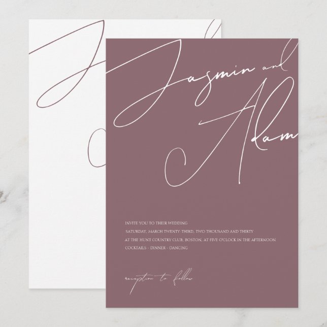 Minimalistische Lila Script-Typografie-Hochzeit Einladung (Vorne/Hinten)
