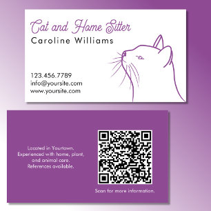 Minimalistische lila weiße Katzenillustration QR-C Visitenkarte