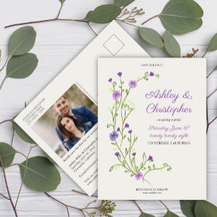 Minimalistische Lila Wildblume Hochzeit speichern  Postkarte